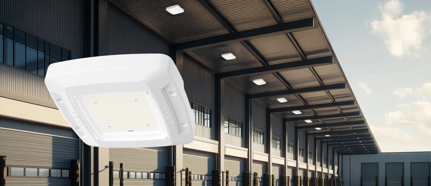Ektor Aurox Canopy light with background showing loading dock outdoor canopy