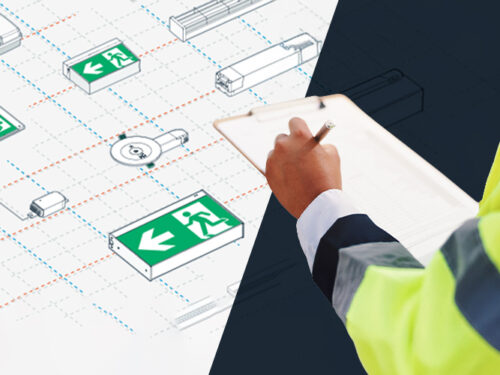 Worker with clipboard and emergency lighting illustration in background