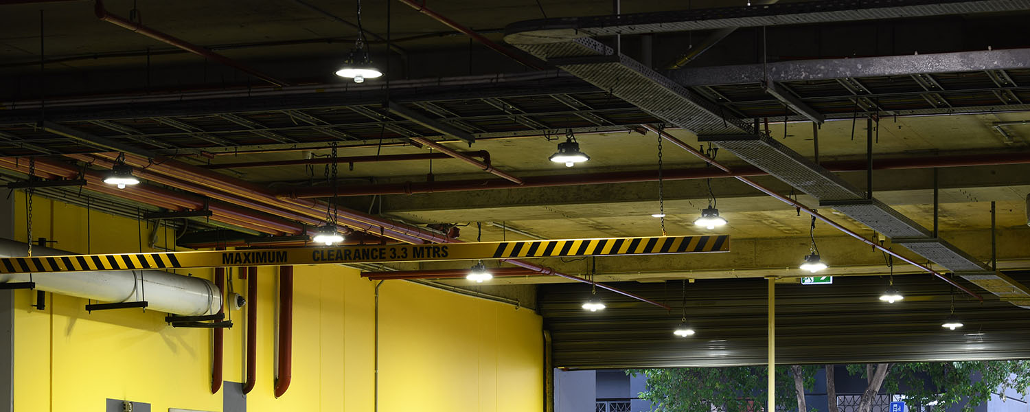 Carpark entrance ceiling showing highbay lighting