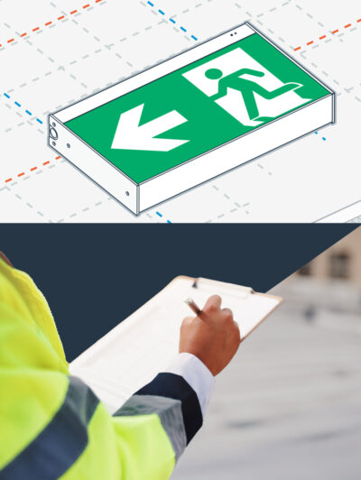 Person with clipboard and illustration of emergency exit sign
