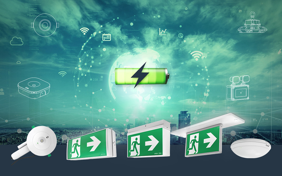 Battery graphic showing multiple emergency lighting devices and technical drawings over city background
